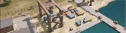 Zona portuaria de Erangel en PUBG MOBILE con carreteras y edificios para preparar una rotación hacia la zona segura