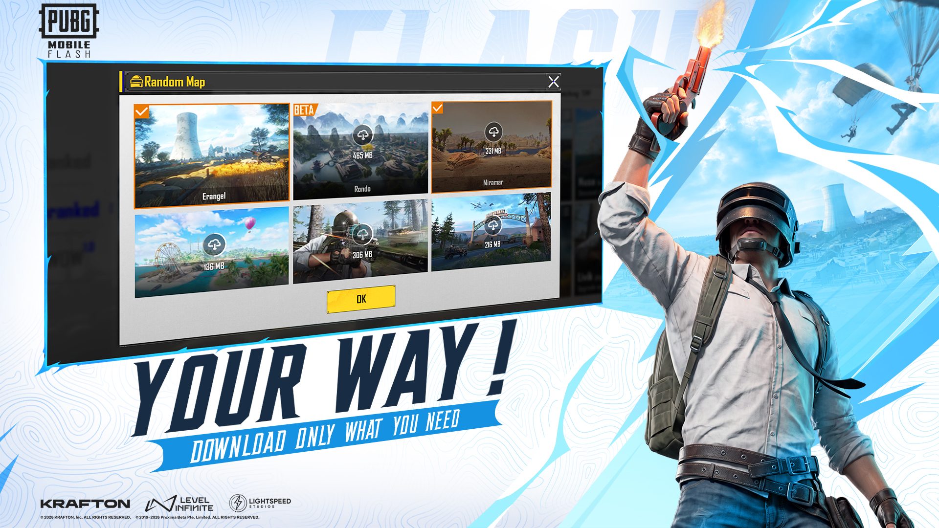 Layar pemilihan map PUBG Mobile Flash dengan ukuran unduhan tiap map